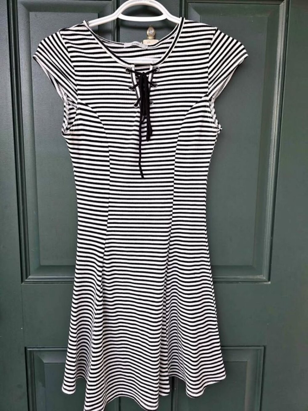 Black White Striped Lace Up Front Cap Sleeve Ribbed Skater Mini Dress XS S